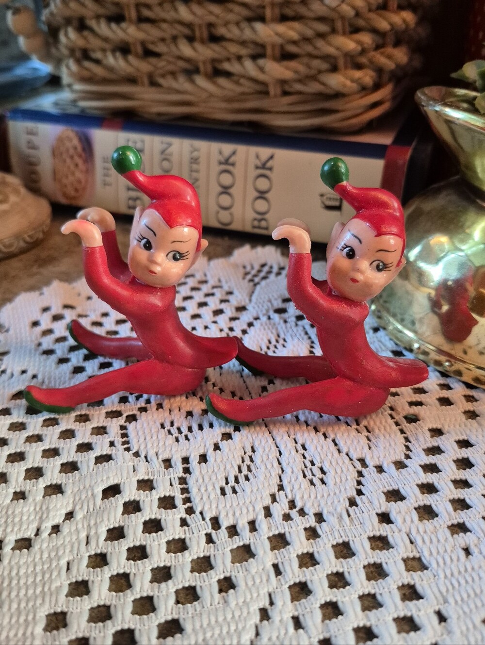 Vintage Pixie Elf Shelf Sitters Red Rubber Christmas Figure Hong Kong 1950's/60s